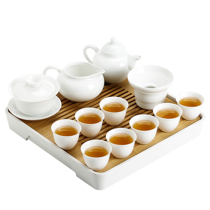 苏氏陶瓷 SUSHI CERAMICS 茶具套装简约白瓷功夫茶具茶杯带竹面储水式茶盘套组(茶壶+三才盖碗)