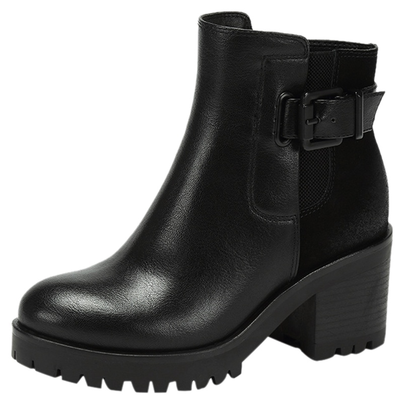 达芙妮冬新款加绒拼接圆头防水台粗跟短靴高跟女靴