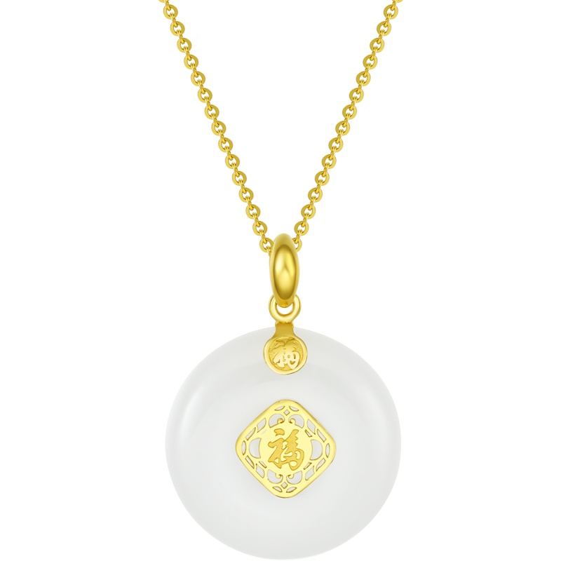 周大生黄金饰品金镶玉吊坠女正品新款和田玉福字999足金可配项链黄金吊坠