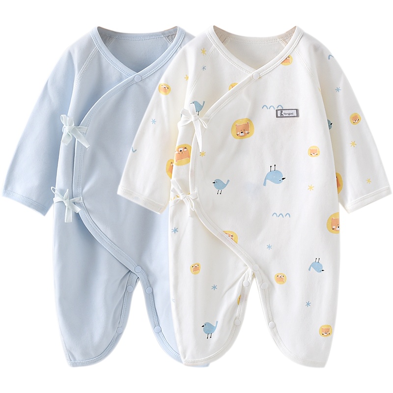童泰(TONGTAI)夏季0-3月新生儿蛤衣男女宝宝纯棉系带连体衣爬服2件装