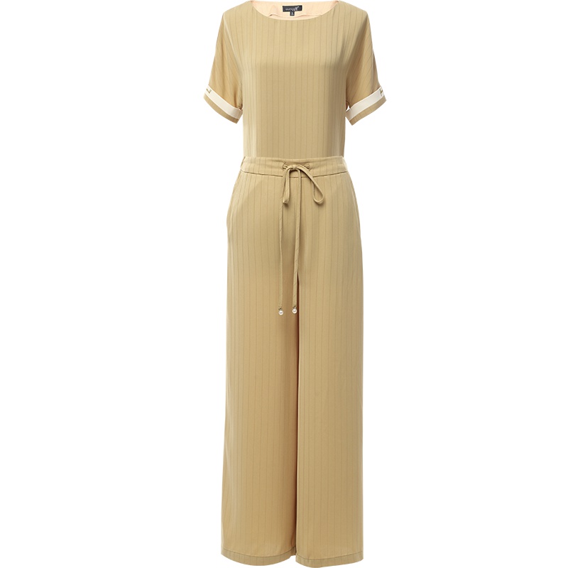 欧昵雪夏季短袖宽松上衣系带松紧腰阔腿裤休闲时尚条纹套装女