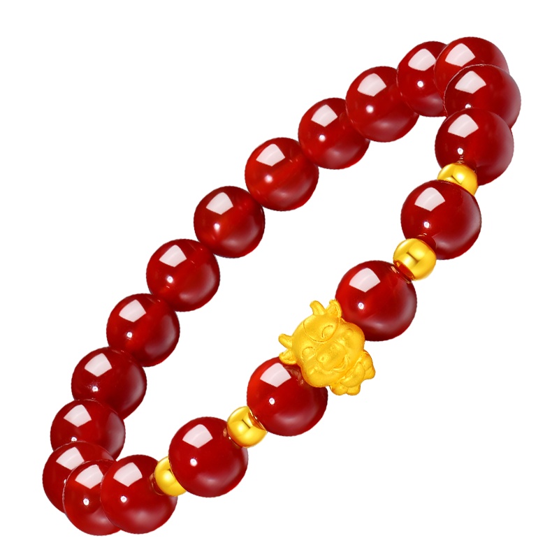 蒂蔻 本命年牛年财源滚滚元宝牛生肖黄金转运珠手链女款3D硬足金红玛瑙手饰新年礼物