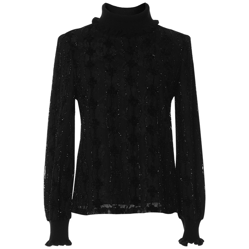 欧昵雪秋冬季半高领木耳边长袖修身显瘦亮丝蕾丝衫女上衣