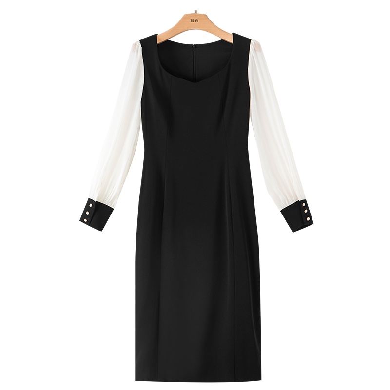 晚白2021春季新品时尚假两件百搭圆领长袖包臀裙衬衫裙连衣裙女