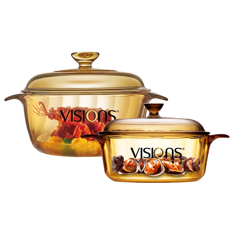 康宁visions进口锅身晶彩1.25L琥珀色锅里汤锅+晶炫2.3L玻璃汤锅 家用器皿 家庭餐具 明火直烧汤锅 奶锅