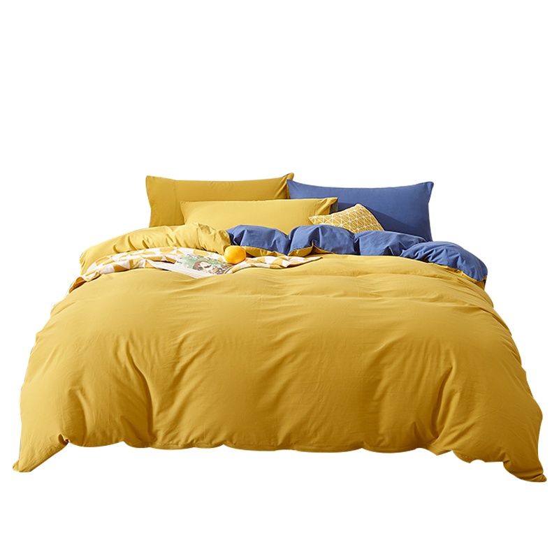 曼凝家纺 全棉拼色双人水洗棉四件套纯棉纯色简约被套床单床笠款200*230cm双人4件套