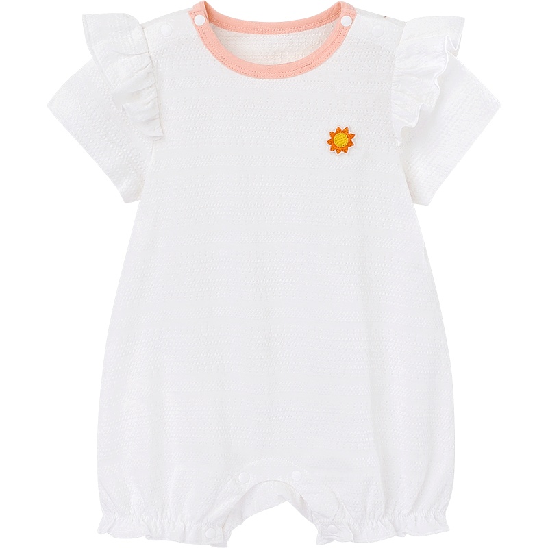 英氏婴儿连体衣宝宝可爱针织短袖拼接荷叶边爬服哈衣 2021春夏新款