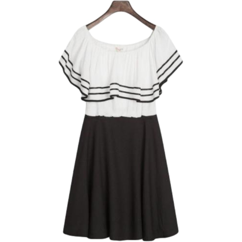 7．Modifier专柜同款夏新款荷叶袖一字领拼接中长连衣裙