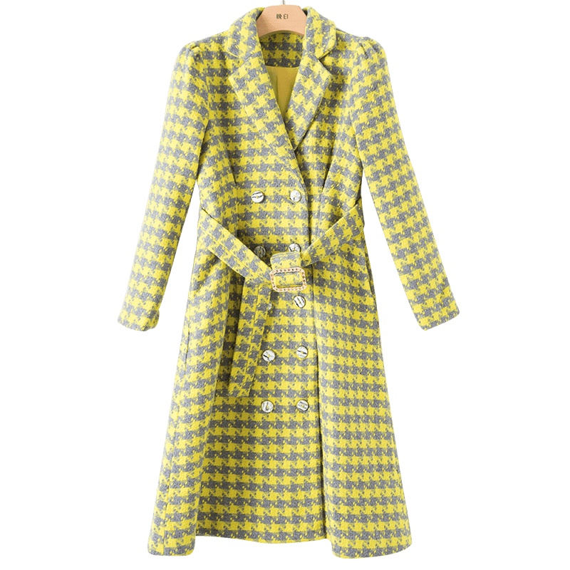 晚白2020春季新品时尚千鸟格印花修身显瘦西装长款羊毛大衣外套女