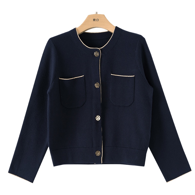 晚白2020秋冬新品时尚简约圆领长袖单排扣休闲针织衫开衫外套女