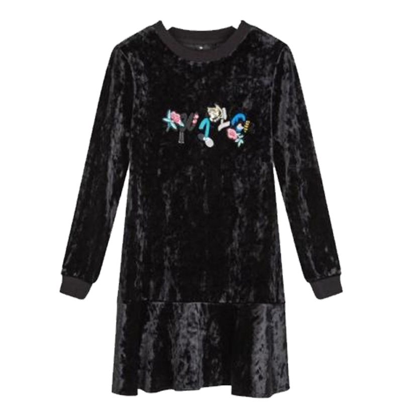 拉夏贝尔7m2017秋冬新款韩版黑色绣花宽松百褶中长A字裙连衣裙女