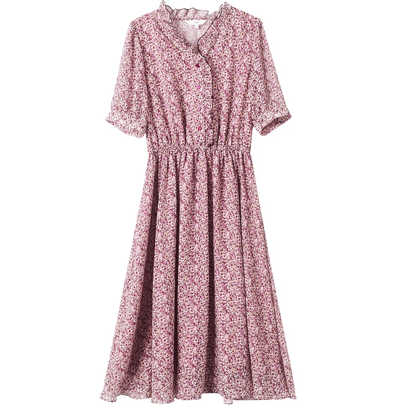 OSA欧莎碎花雪纺连衣裙2019新款夏中长款过膝裙子女法式复古气质