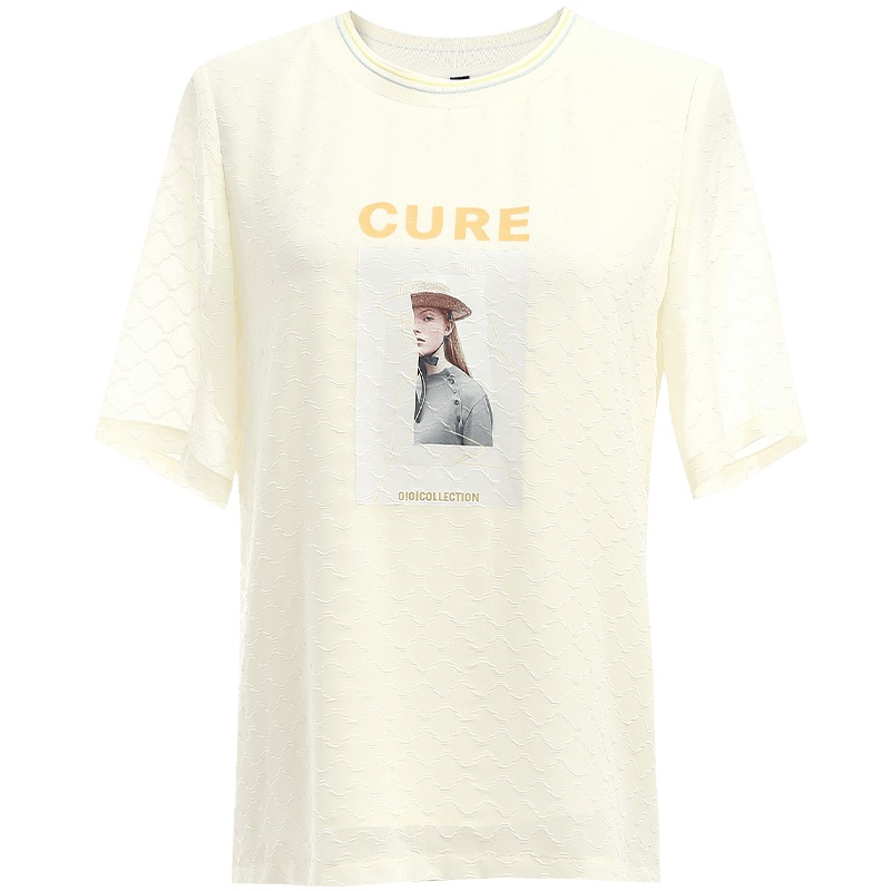 欧昵雪夏季圆领字母人像短袖雪纺T恤女套头宽松显瘦上衣