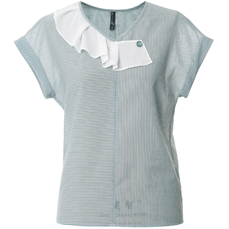 欧昵雪夏季V领拼接荷叶边雪纺衫设计感小众上衣短袖衬衫女