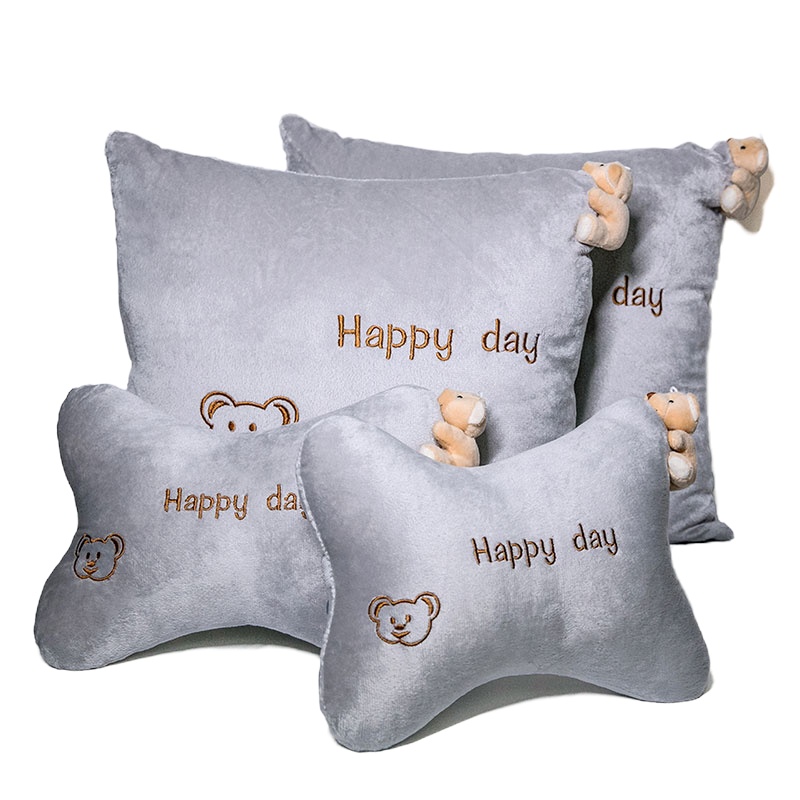 敬平车用抱枕四季车内腰靠车上用靠垫可爱护腰靠枕车枕头一对汽车抱枕 四件套(灰)小熊款 平