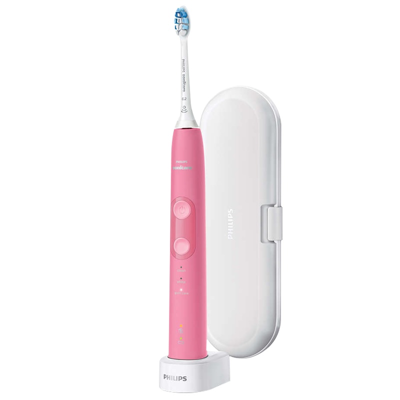 飞利浦(Philips)电动牙刷 成人声波震动式 男女充电式牙刷(自带牙刷盒) 力度感应 洁齿护龈 蜜桃粉HX6855