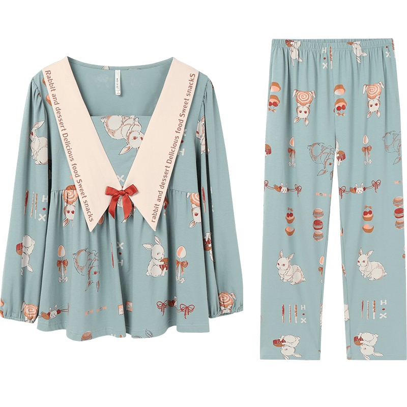 安之伴睡衣女卡通可爱兔子套装可外穿女士家居服纯棉弹力针织印花长袖女套装