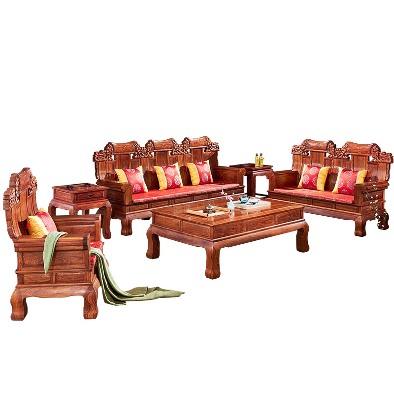 周家庄 红木家具非洲花梨(学名:刺猬紫檀)沙发 实木沙发 客厅组合中式仿古如意大象头沙发组合