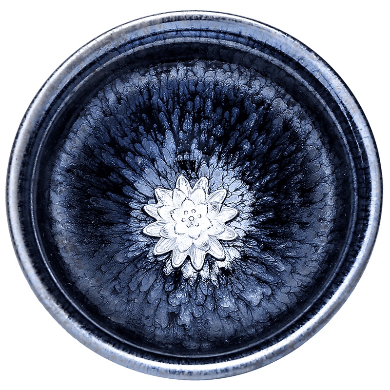 領藝名家建盏镶925银鎏银茶杯建窑建阳主人杯品茗杯手工铁胎束口礼盒 万花建盏镶银(莲花)礼盒装