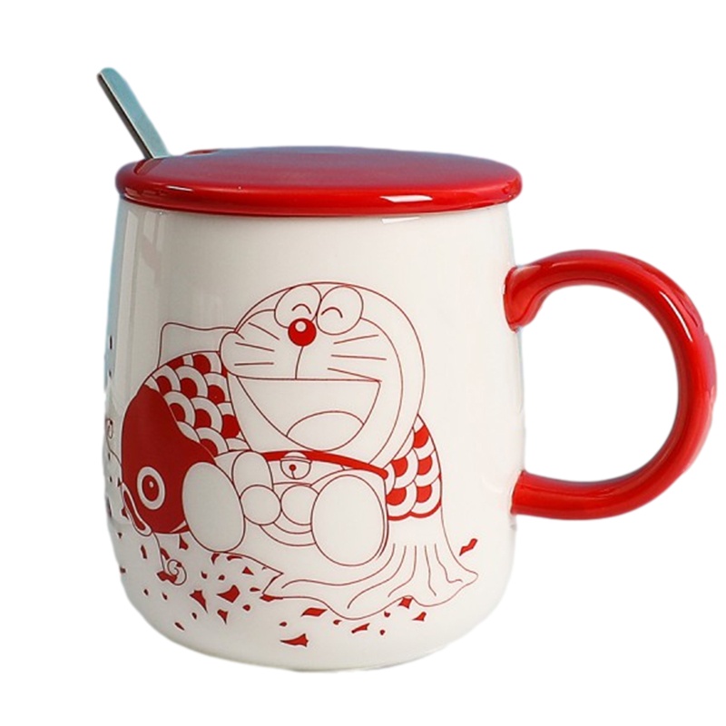 贝瑟斯 哆啦a梦新年好福气陶瓷带盖勺可爱卡通马克杯杯子水杯