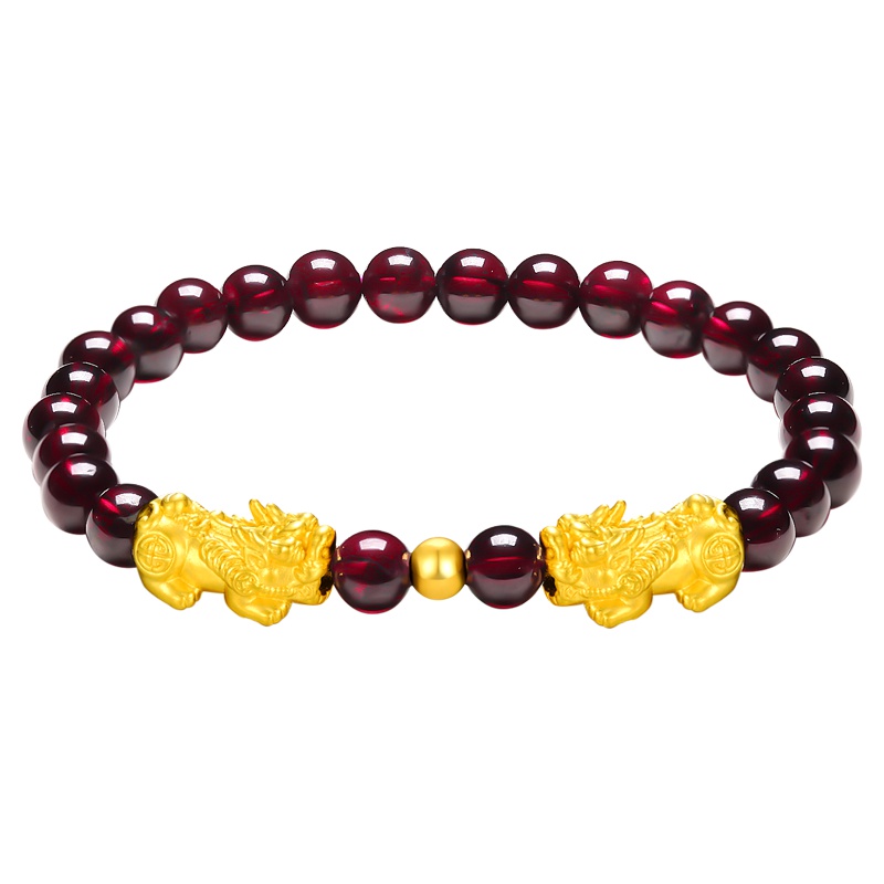 蒂蔻 黄金手链 双貔貅金珠石榴石手链女款节日礼物送老婆送女友送妈妈