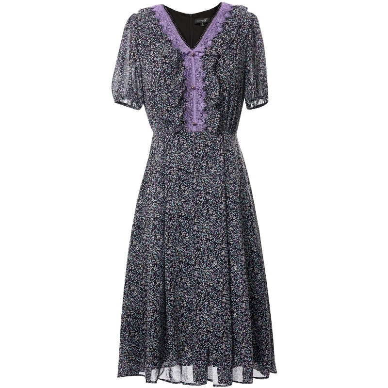 欧昵雪夏季法式碎花短袖V领收腰过膝雪纺连衣裙女a字中裙