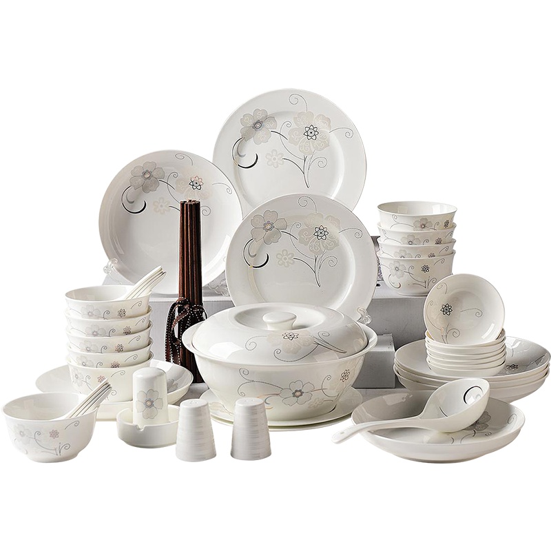 亿嘉瓷魂系列 餐具套装56头陶瓷韩式碗碟套装盘子碗筷套装 花语冬樱品锅版