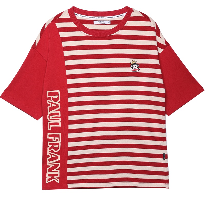 Paul Frank/大嘴猴 夏季撞色条纹短袖T恤女韩版印花圆领潮