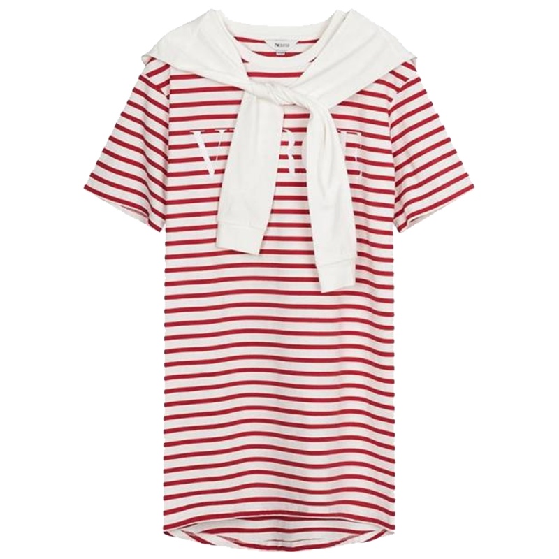 【专柜同款】T恤连衣裙女2019秋季新款中长款连帽假两件高腰条纹打底短裙子70011371