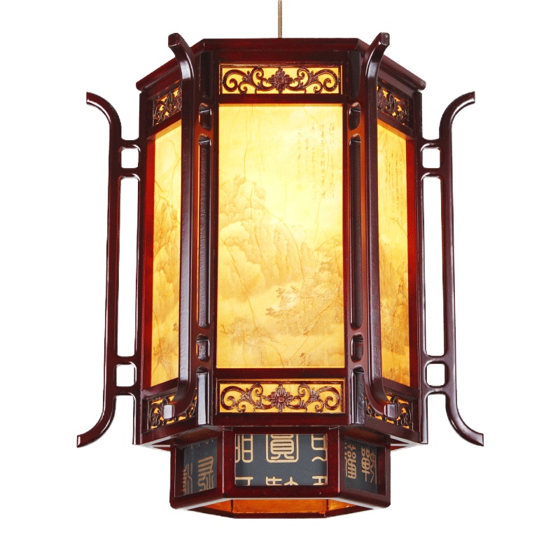 环森 中式实木六角灯笼灯古建筑风格复古灯饰门前灯阳台灯具工程吊灯