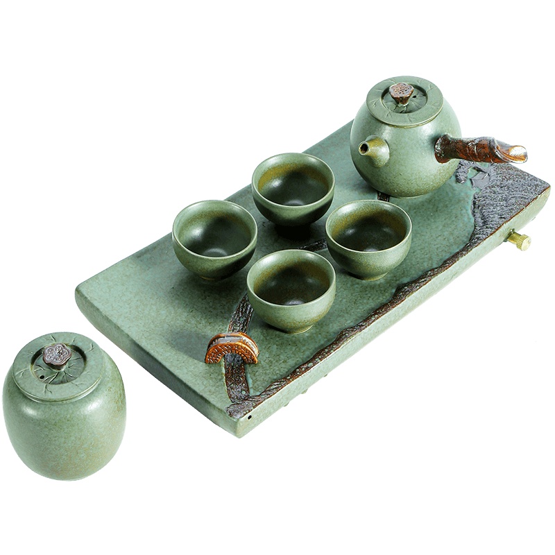 中式干泡茶盘陶瓷侧把壶泡茶器办公送礼复古禅意功夫茶具套装 小桥流水干泡1壶4杯1罐礼盒装