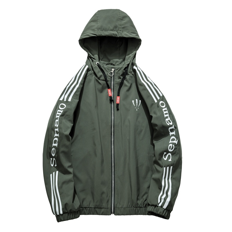 海德斯曼2019秋季军绿色夹克男ins情侣条纹潮流狼爪印花外套30338