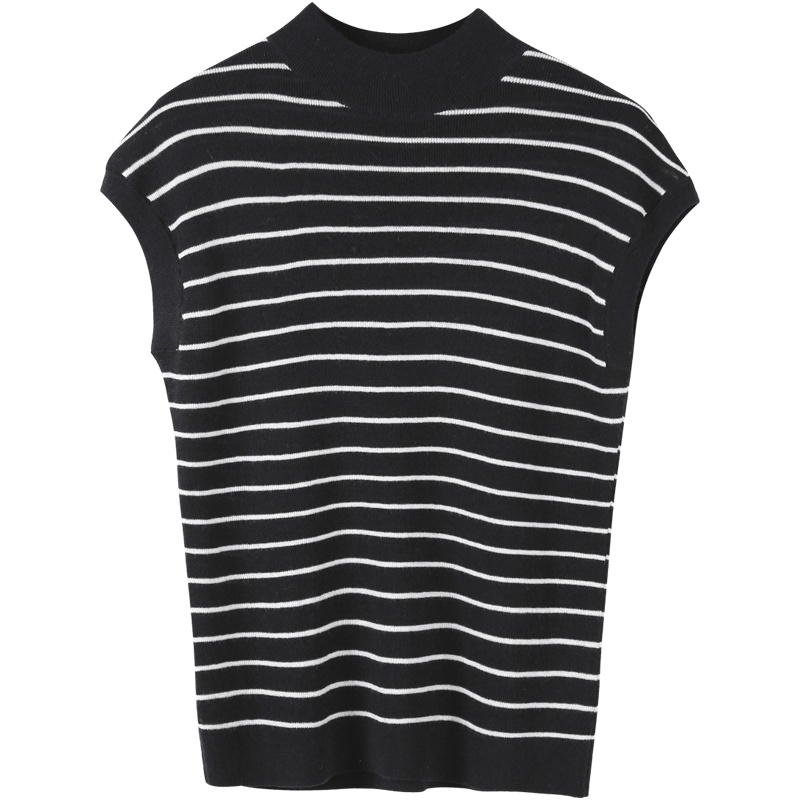 恒源祥海魂风条纹针织衫女早春半高圆领包肩袖毛衣夏季薄款羊毛衫