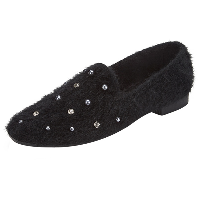 达芙妮平底鞋2019秋新款豹纹毛毛鞋圆头水钻珍珠女单鞋