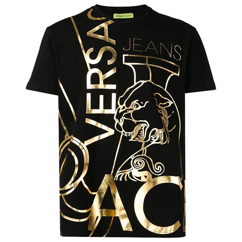 VERSACE JEANS 范思哲 奢侈品 男士黑色棉纤LOGO图案圆领短袖T恤B3GTB76O 36620 Y6A