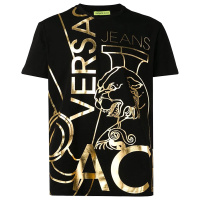 VERSACE JEANS 范思哲 奢侈品 男士黑色棉纤LOGO图案圆领短袖T恤B3GTB76O 36620 Y6A