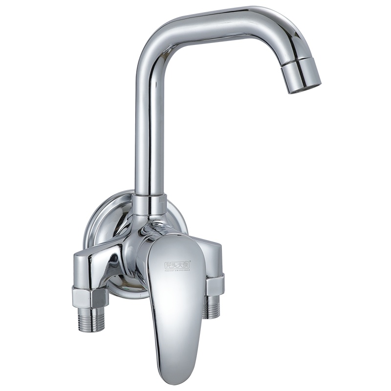 铜明装厨房龙头挂墙式冷热水槽水龙头可旋转明管菜盆洗衣池混水阀