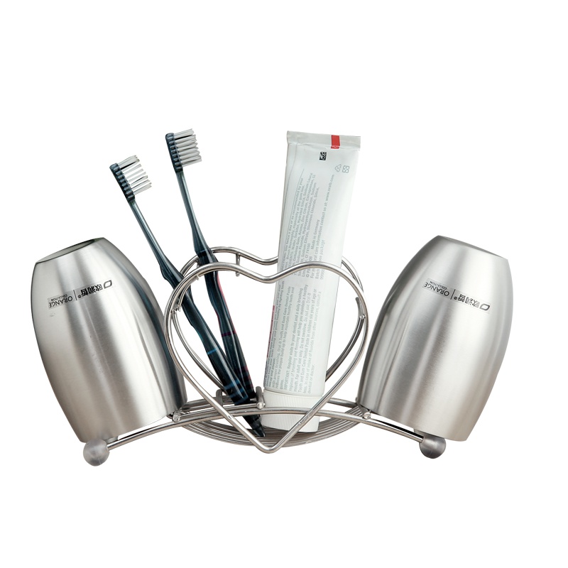 欧润哲 牙刷架大号榄形漱口杯 3件套不锈钢心形款 对杯创意浴室用品情侣洗漱杯