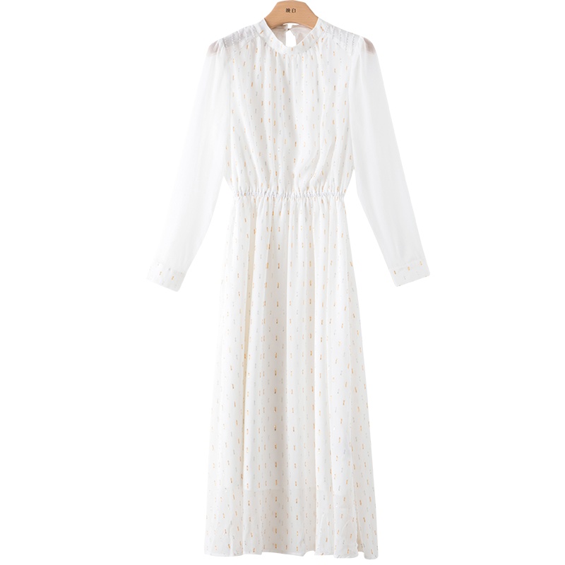 晚白2021春季新品简约纯色立领修身显瘦仙女裙衬衫雪纺连衣裙女