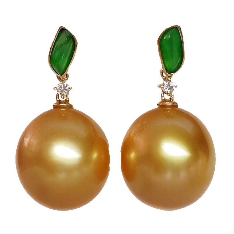 缘源珠宝 天然海水珍珠耳饰 翡翠钻石珍珠耳饰优雅高贵 女款 附送证书