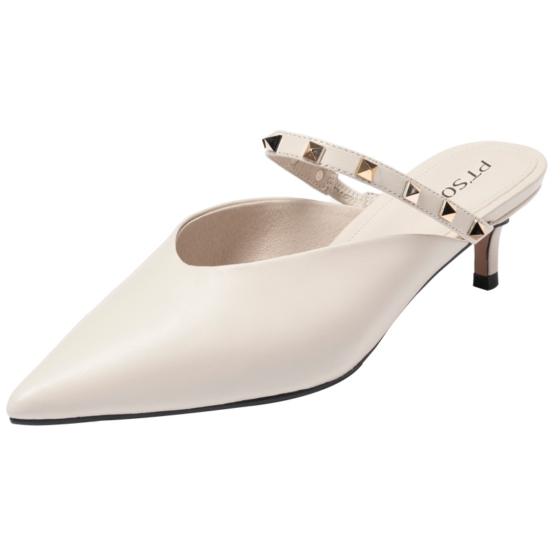 百田森夏季新款尖头中跟穆勒鞋时尚铆钉包头穆勒拖仙女风