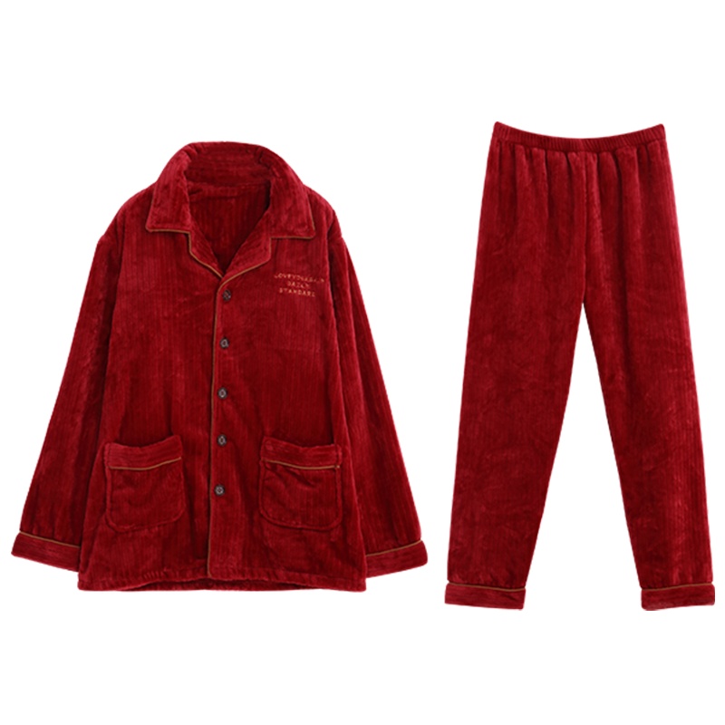 双面珊瑚绒剪条国民领长袖男套装