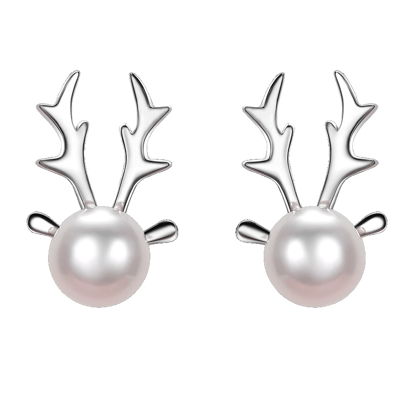 佰色传情(BRIR)S925纯银镶淡水珍珠耳钉 鹿角耳饰