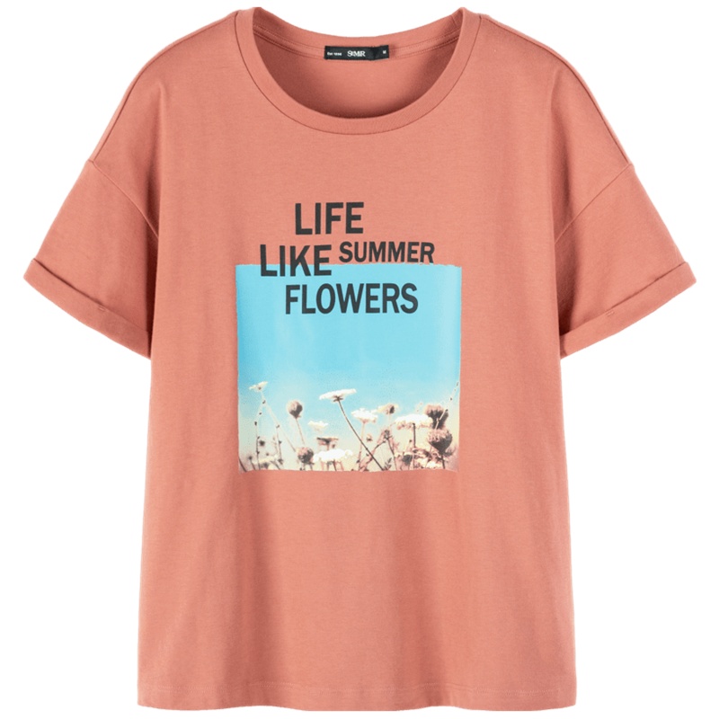 【满198减100预估价：29】森马夏季落肩短袖T恤女圆领个性印花显瘦纯棉打底休闲体恤衫女装