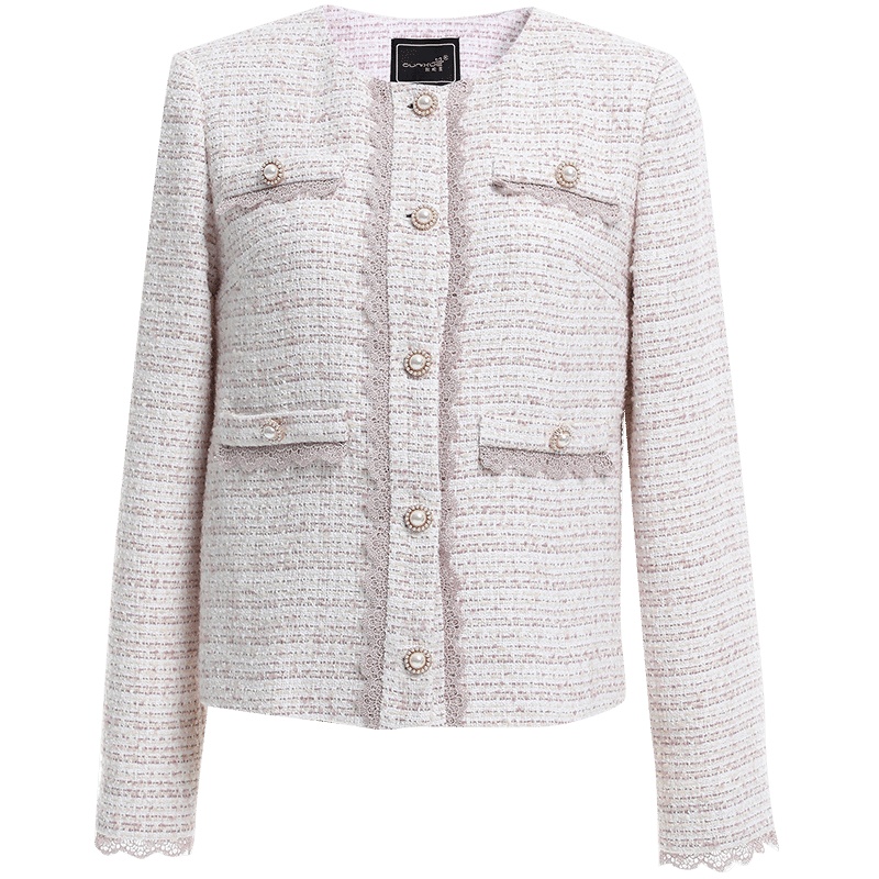 欧昵雪名媛气质圆领拼接花边粗纺织短外套女长袖夹克