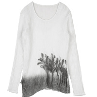 sdeer圣迪奥女装秋装肌理质感水墨印花圆领棉麻抓皱衬衫S16180553