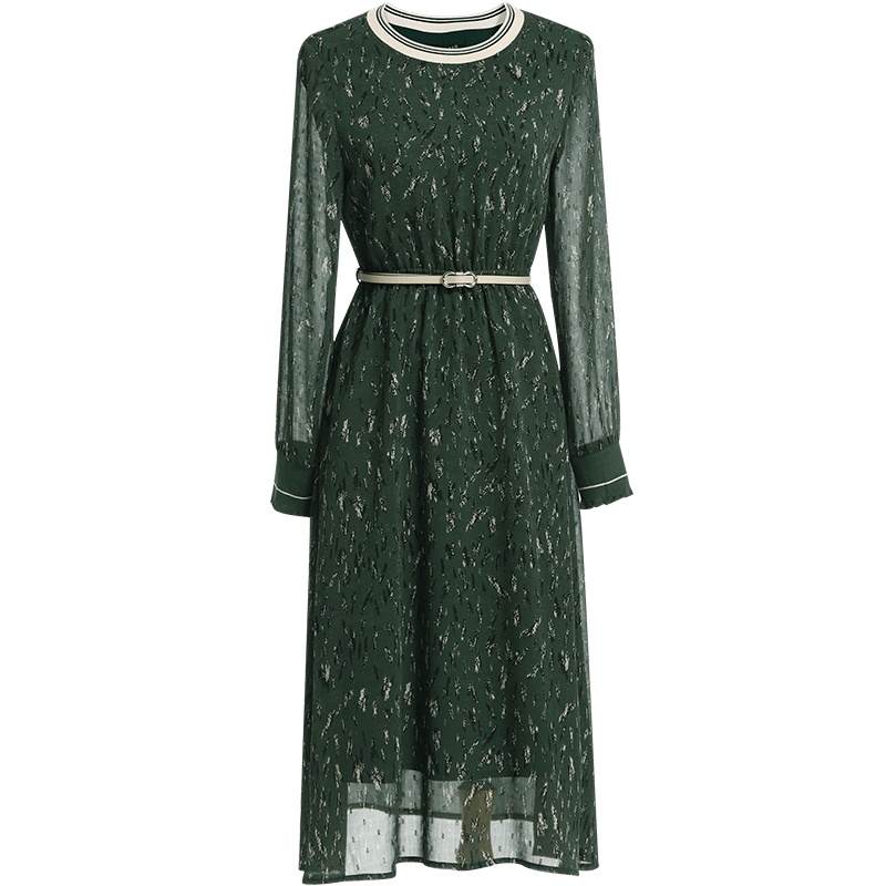 欧昵雪秋装撞色圆领收腰雪纺印花连衣裙女长袖高腰a字裙