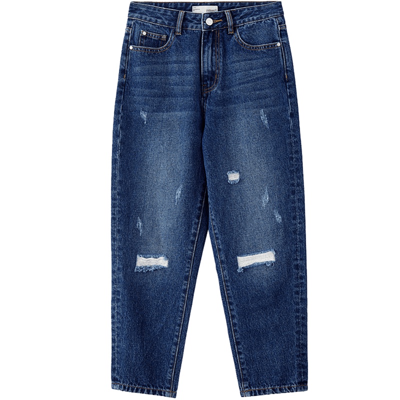 茵曼2019秋季新款纯棉中高腰时尚破洞个性洗水复古小脚牛仔裤女