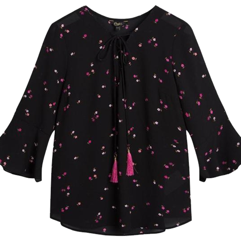 【热卖】拉夏贝尔 荷叶袖上衣夏装新款女遮肚子雪纺衫洋气小衫复古温柔风上衣夏30081491