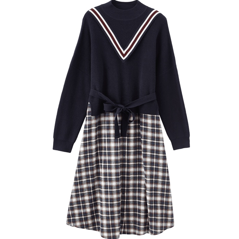 茵曼2019秋季新款针织半高领格子假两件连衣裙收腰显瘦气质学院风